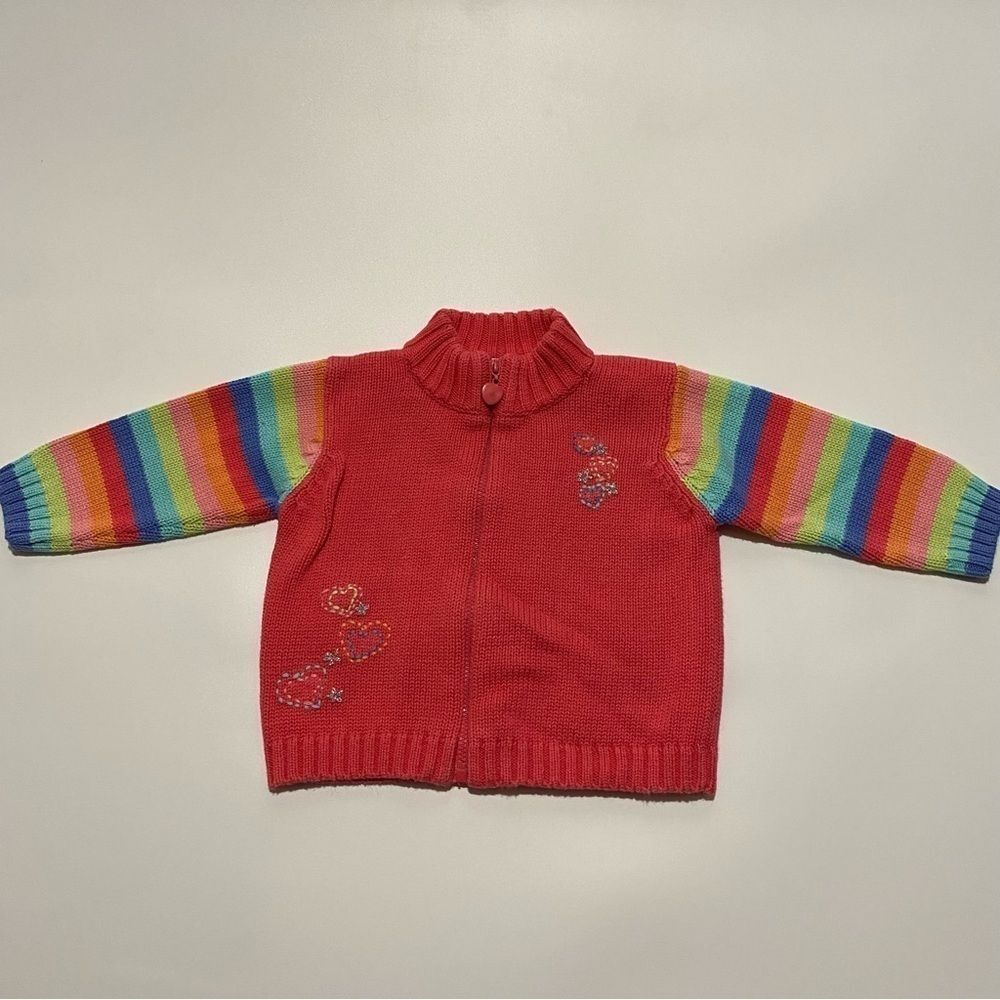 Oshkosh B'gosh Sweater; Rainbow Striped Sleeves Embroidered Hearts 12-18m